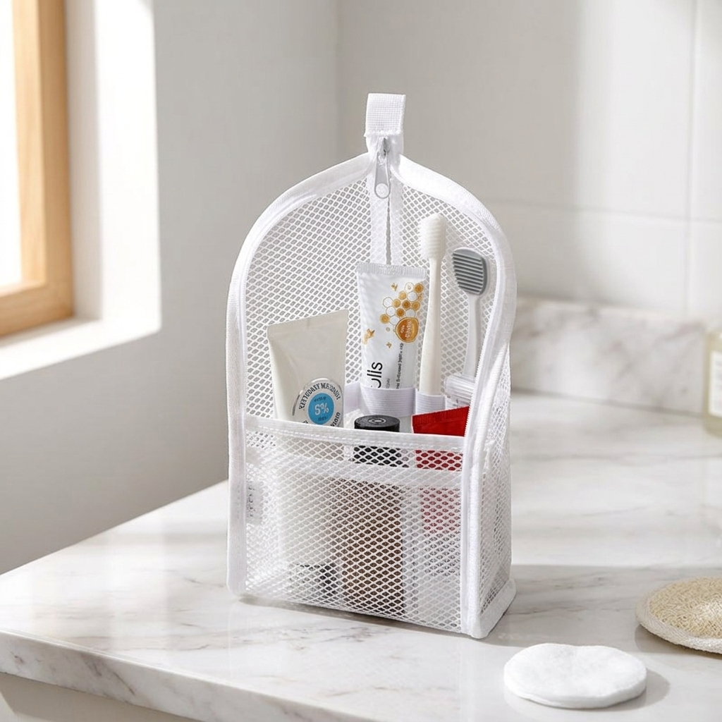 White upright toiletry pouch filled with daily essentials