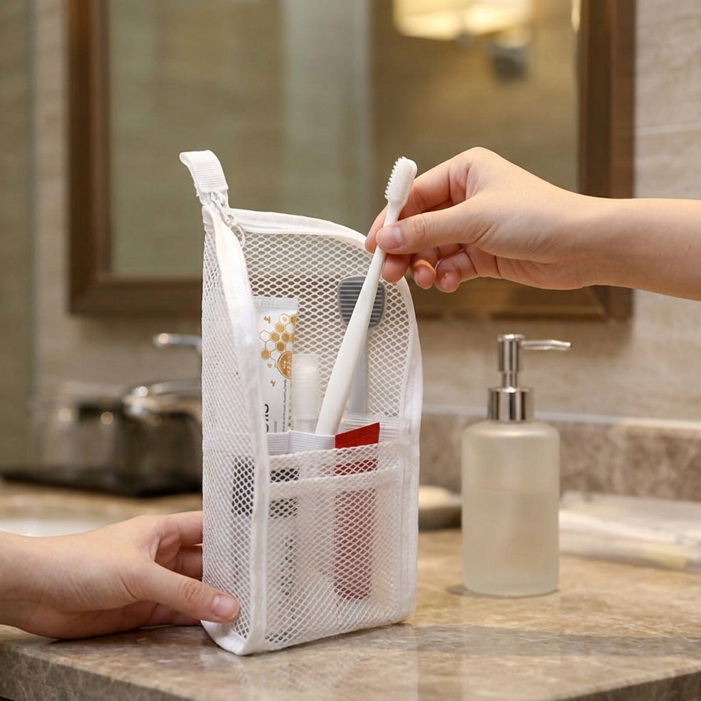 Hands placing a toothbrush into the standing travel pouch