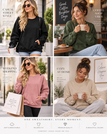 Women's Oversized Long Sleeve Crewneck Sweatshirt with Pocket
