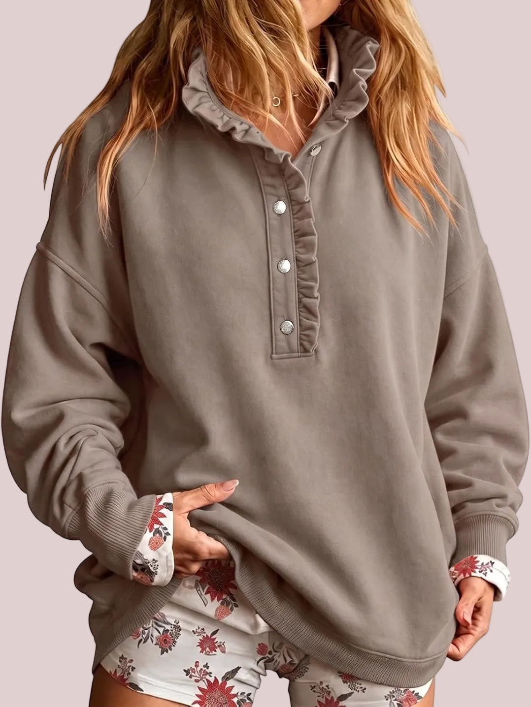Women's Ruffle Collar Henley Oversized Sweatshirt