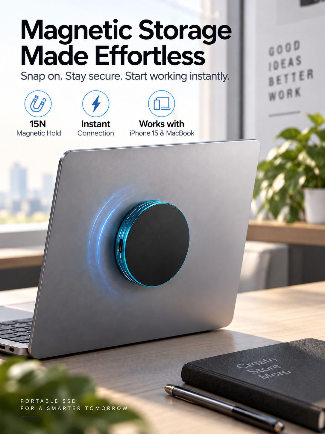 Magnetic portable SSD attached to a laptop