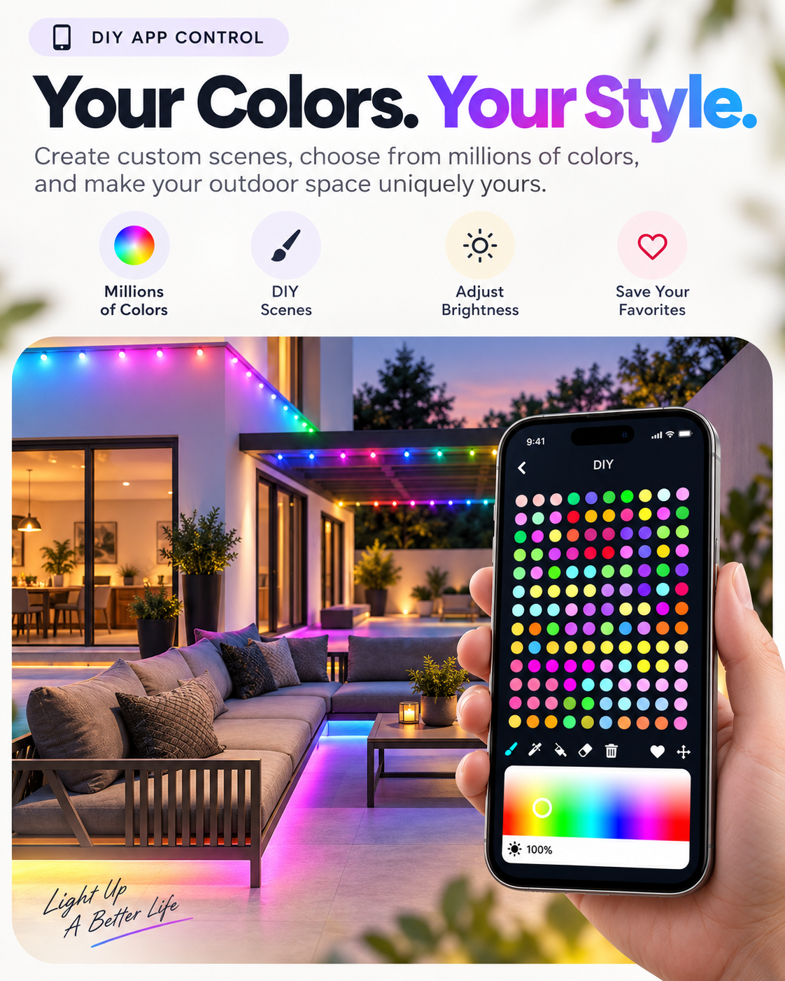 Customizable outdoor light colors and scenes
