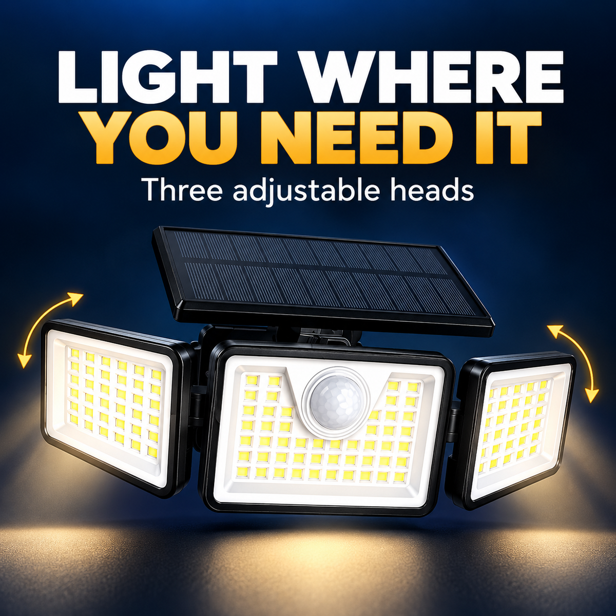 Close-up of three adjustable heads and solar panel