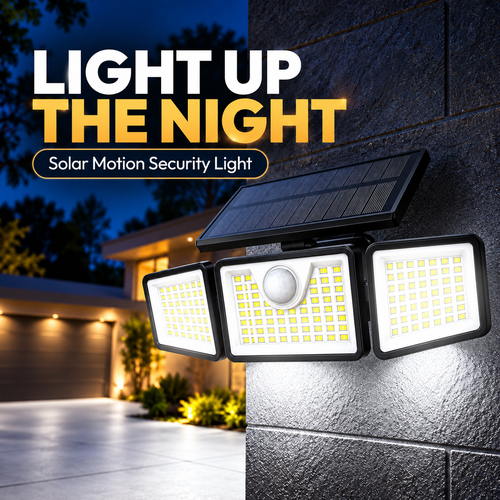 Neutral white three-head solar motion light on wall at night