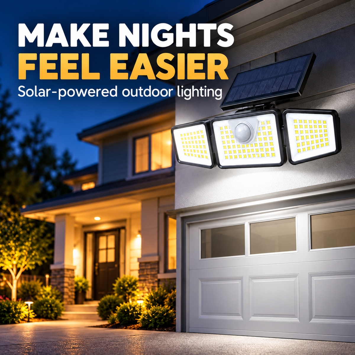 Solar outdoor light above a garage at night