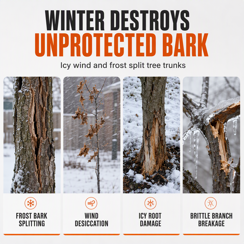 Winter tree trunk protector installed outdoors